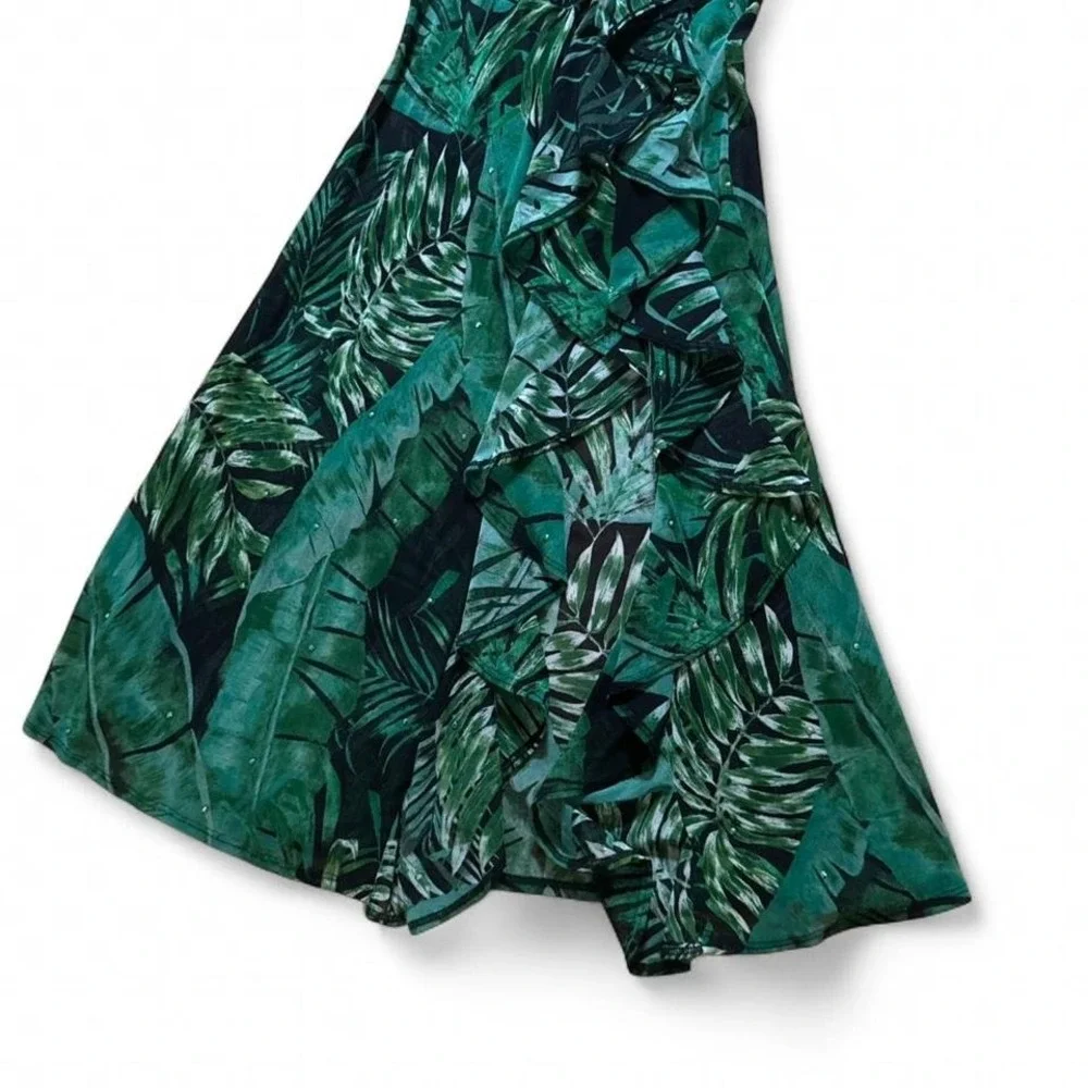 Tropical Print Mesh Maxi Dress Women's Size Small Green Black Bedazzled Bodysuit - Picture 3 of 8